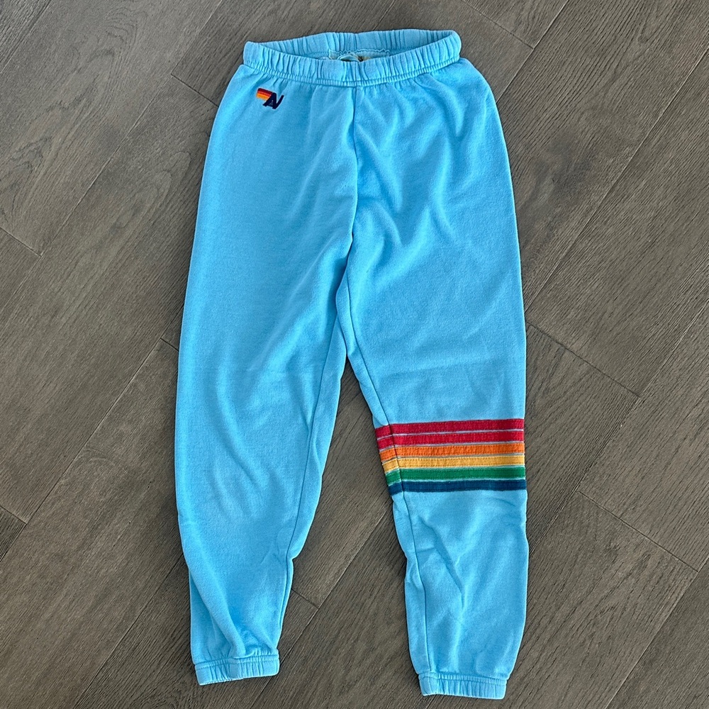 Aviator Nation Sweatpants Light Blue Rainbow Embroidery 5 Stripe